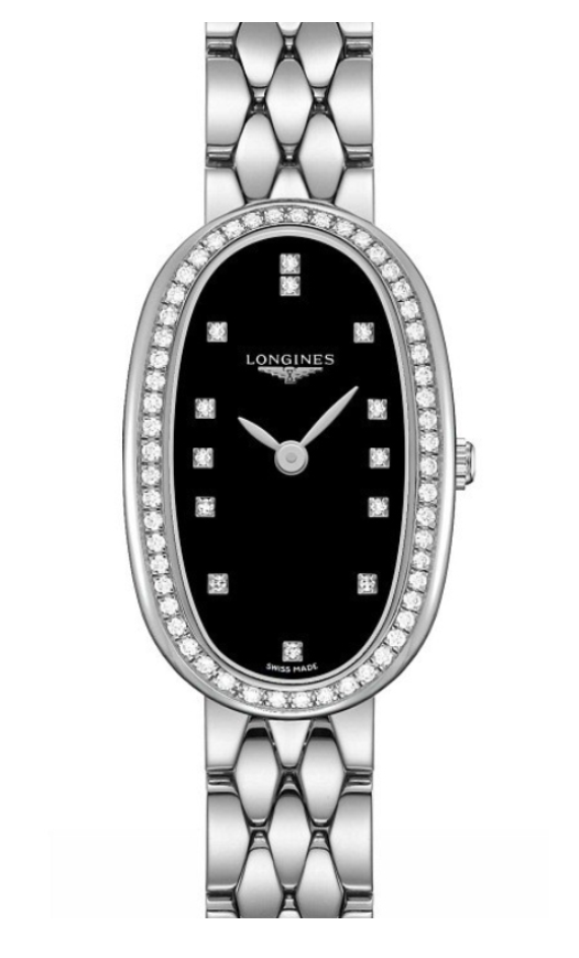 Longines Symphonette 19 mm, 73 Diamonds, Black Dial, Silver SS Bracelet