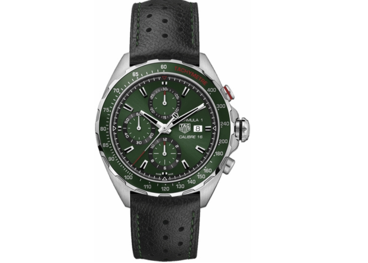Tag Heuer Formula 1 Calibre 16 Automatic Chronograph Green Dial Black Leather Strap Watch For Men CAZ2016.FC6473